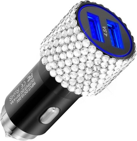 SAVORI Bling Car Charger Rhinestone Dual USB Car Charger Crystal Car Decorations Women Car Decor Fast Charging Car Adapter for iPhone Xs Max X Plus, iPad Pro/Mini, Samsung (Black) in Kuwait