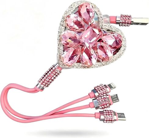 Car Multi Charging Cable, Light Luxury Rhinestone Heart-shaped USB Cords for Women & Girls, Portable Retractable Tangle-free Fast-charging Cable, Universal for Most Cars SUVs (Pink) in Kuwait