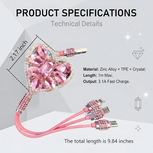 Car Multi Charging Cable, Light Luxury Rhinestone Heart-shaped USB Cords for Women & Girls, Portable Retractable Tangle-free Fast-charging Cable, Universal for Most Cars SUVs (Pink) in Kuwait