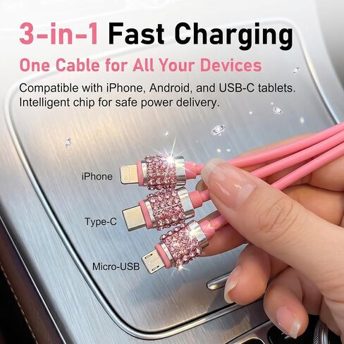 Car Multi Charging Cable, Light Luxury Rhinestone Heart-shaped USB Cords for Women & Girls, Portable Retractable Tangle-free Fast-charging Cable, Universal for Most Cars SUVs (Pink) in Kuwait