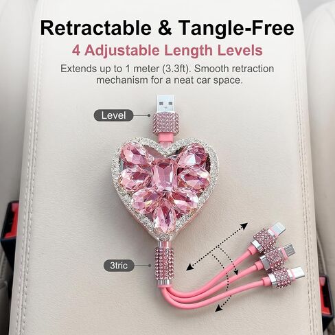 Car Multi Charging Cable, Light Luxury Rhinestone Heart-shaped USB Cords for Women & Girls, Portable Retractable Tangle-free Fast-charging Cable, Universal for Most Cars SUVs (Pink) in Kuwait