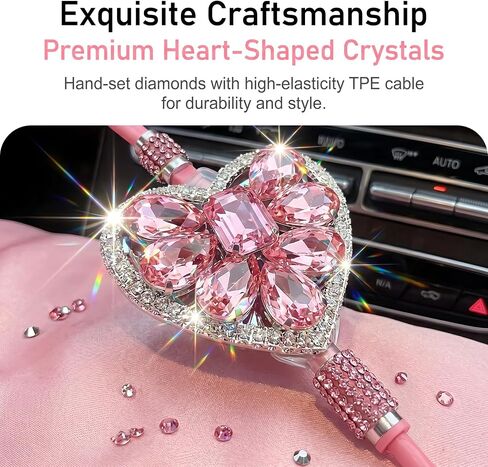 Car Multi Charging Cable, Light Luxury Rhinestone Heart-shaped USB Cords for Women & Girls, Portable Retractable Tangle-free Fast-charging Cable, Universal for Most Cars SUVs (Pink) in Kuwait