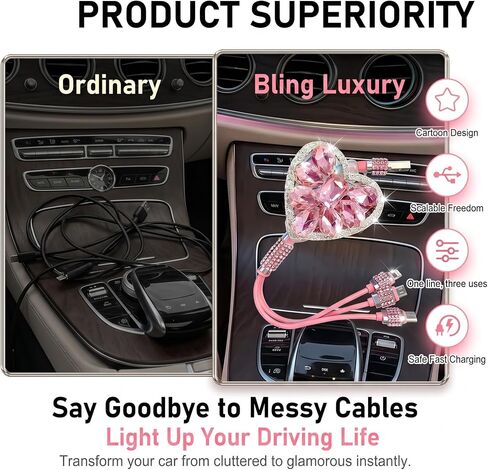 Car Multi Charging Cable, Light Luxury Rhinestone Heart-shaped USB Cords for Women & Girls, Portable Retractable Tangle-free Fast-charging Cable, Universal for Most Cars SUVs (Pink) in Kuwait