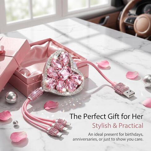 Car Multi Charging Cable, Light Luxury Rhinestone Heart-shaped USB Cords for Women & Girls, Portable Retractable Tangle-free Fast-charging Cable, Universal for Most Cars SUVs (Pink) in Kuwait