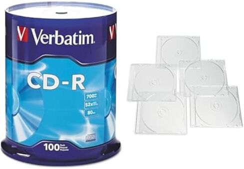 Verbatim CD-R 100 Discs Spindle Frustration Free Packaging + 25 Clear Slim Storage Cases – Data & Music Recording Bundle in Kuwait