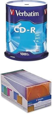 Verbatim CD-R 100 Discs Spindle Frustration Free Packaging + 50 Slim Storage Cases Assorted Colors– Data & Music Recording Bundle in Kuwait