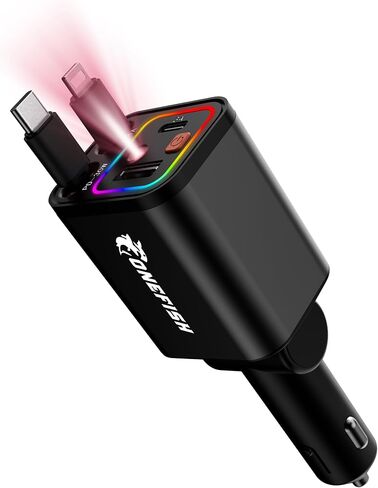 OneFish 12V&24V Retractable Cord 4 in 1 Fast Car Charger, 4Ports (PD30W+PD12W x3), Cigarette Lighter Chargers with USB Type C Ports Display, for iPhone 17 16 Pro Max Plus/iPad, Car Truck Essentials in Kuwait