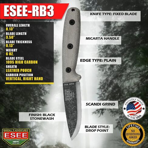 ESEE RB3 Reuben Bolieu Fixed Blade Survival Knife, Leather Sheath, Made In USA (Black Oxide Finish, Brown Leather Sheath (Right)) in Kuwait