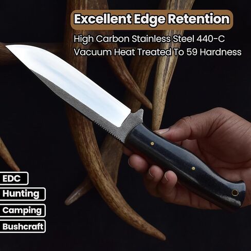 Knives Ranch 10-1/2" Full Tang Bushcraft Camping Knife - High Carbon SS 440C - Vacuum Heat-Treated 59 HRC - Burlap Micarta Handle - Fixed Blade Hunting Knife with Leather Sheath in Kuwait