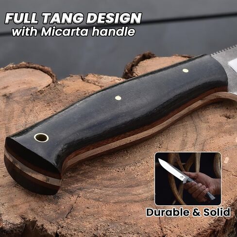 Knives Ranch 10-1/2" Full Tang Bushcraft Camping Knife - High Carbon SS 440C - Vacuum Heat-Treated 59 HRC - Burlap Micarta Handle - Fixed Blade Hunting Knife with Leather Sheath in Kuwait