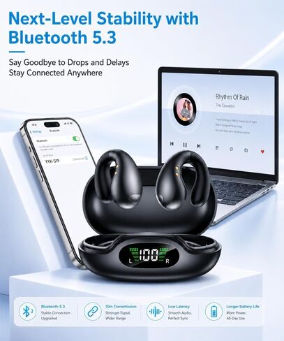 Boytond Ultra Open Ear Earbuds - Comfortable Clip-On Bone Conduction Earbuds, Over-The-Ear Open Headphones with Waterproof Build for Running, Gym Workouts, and Outdoor Sports, Shadow Black in Kuwait