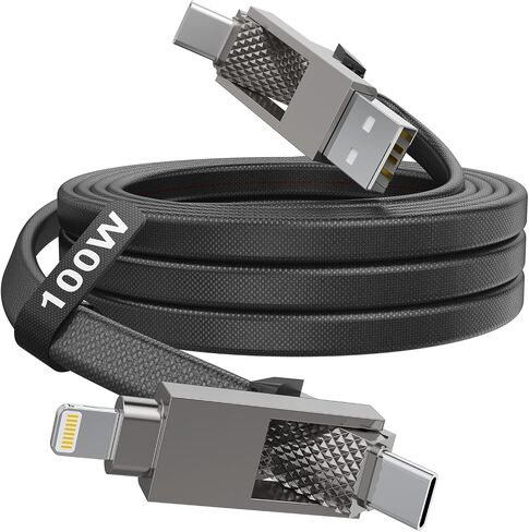 4-in-1 USB-C Fast Charging Cable (100W) – 6 FT Flat Braided Multi Charger with Lightning, USB-C, USB-A Ports for iPhone 15/16, Samsung, iPad, MacBook – Supports CarPlay and Android Auto in Kuwait