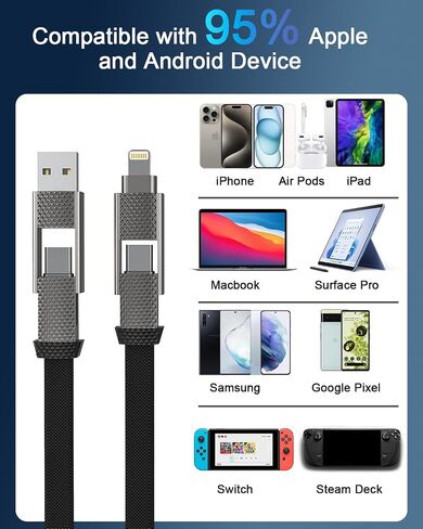 4-in-1 USB-C Fast Charging Cable (100W) – 6 FT Flat Braided Multi Charger with Lightning, USB-C, USB-A Ports for iPhone 15/16, Samsung, iPad, MacBook – Supports CarPlay and Android Auto in Kuwait
