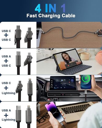 4-in-1 USB-C Fast Charging Cable (100W) – 6 FT Flat Braided Multi Charger with Lightning, USB-C, USB-A Ports for iPhone 15/16, Samsung, iPad, MacBook – Supports CarPlay and Android Auto in Kuwait
