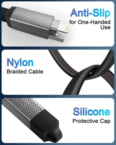 4-in-1 USB-C Fast Charging Cable (100W) – 6 FT Flat Braided Multi Charger with Lightning, USB-C, USB-A Ports for iPhone 15/16, Samsung, iPad, MacBook – Supports CarPlay and Android Auto in Kuwait