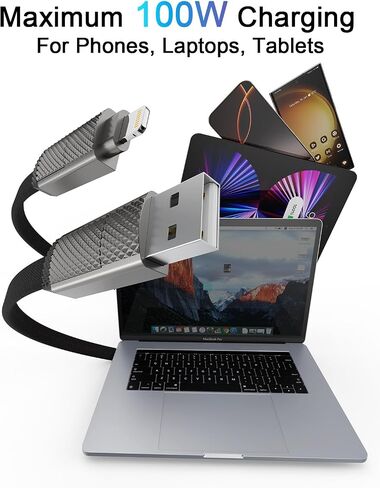 4-in-1 USB-C Fast Charging Cable (100W) – 6 FT Flat Braided Multi Charger with Lightning, USB-C, USB-A Ports for iPhone 15/16, Samsung, iPad, MacBook – Supports CarPlay and Android Auto in Kuwait