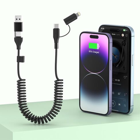 Multi Coiled 4-in-1 USBA/Type C to USB-C/Lightning Cable Combo for Apple Carplay& Android Auto,Black 3A 60W Fast Charge & Data Sync Car Charger Cord for iPhone 15/14/13/12，Samsung Galaxy,Android-MFi in Kuwait