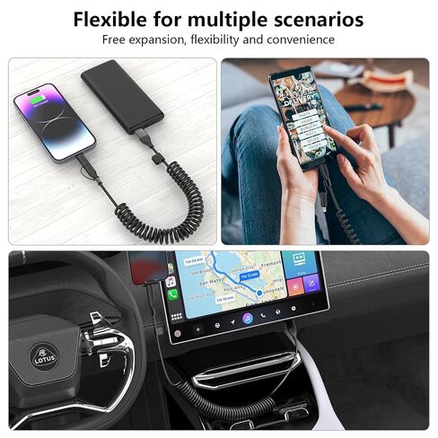 Multi Coiled 4-in-1 USBA/Type C to USB-C/Lightning Cable Combo for Apple Carplay& Android Auto,Black 3A 60W Fast Charge & Data Sync Car Charger Cord for iPhone 15/14/13/12，Samsung Galaxy,Android-MFi in Kuwait