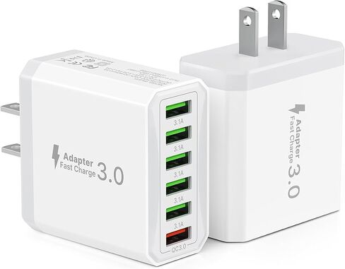 [2-Pack] USB Wall Charger, 33W 6-Port Fast Charging Block, Multiport Plug USB Cube QC3.0 Power Adapter Brick Box Cube for iPhone 16 15 14 13 12 11 Pro Max SE XS XR X 8 7 6 6S Plus, LG, Moto, Phones in Kuwait