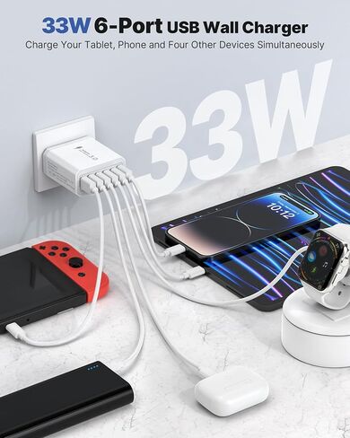 [2-Pack] USB Wall Charger, 33W 6-Port Fast Charging Block, Multiport Plug USB Cube QC3.0 Power Adapter Brick Box Cube for iPhone 16 15 14 13 12 11 Pro Max SE XS XR X 8 7 6 6S Plus, LG, Moto, Phones in Kuwait