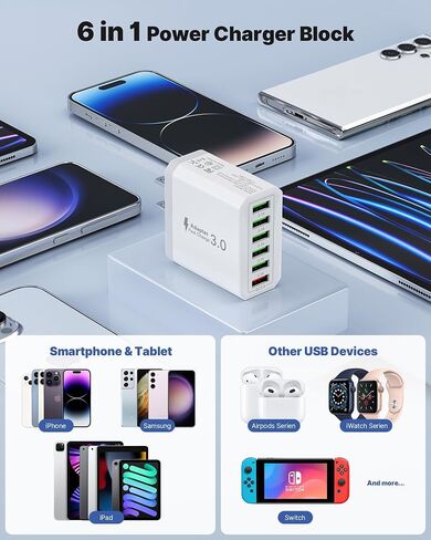 [2-Pack] USB Wall Charger, 33W 6-Port Fast Charging Block, Multiport Plug USB Cube QC3.0 Power Adapter Brick Box Cube for iPhone 16 15 14 13 12 11 Pro Max SE XS XR X 8 7 6 6S Plus, LG, Moto, Phones in Kuwait