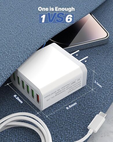 [2-Pack] USB Wall Charger, 33W 6-Port Fast Charging Block, Multiport Plug USB Cube QC3.0 Power Adapter Brick Box Cube for iPhone 16 15 14 13 12 11 Pro Max SE XS XR X 8 7 6 6S Plus, LG, Moto, Phones in Kuwait