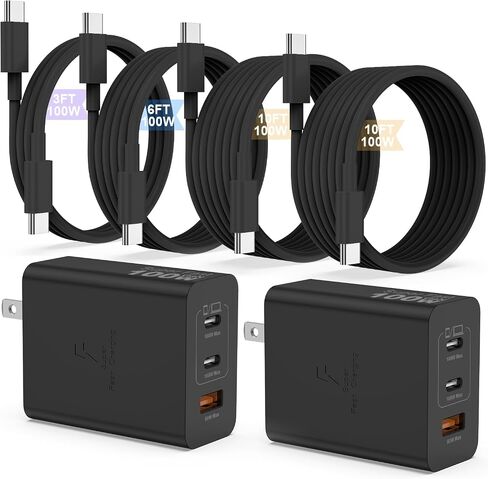 Super Fast Samsung Charger Type C,100W 3 Port USB C Fast Charger Block 2-Pack & Extra Long 100W 3/6/10FT USB C Cable - PD Quick Charging 5A for Samsung Galaxy S26 Ultra/S25+/S23 iPhone 17, MacBook in Kuwait