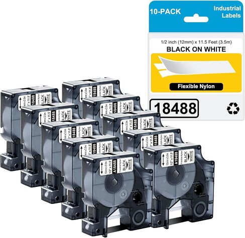 10-Pack Compatible for Dymo 18488 Black on White Label Flexible Nylon Industrial Label Tapes Use with DYMO Rhino Pro 4200 5200 5000 6000 Label Maker, 1/2'' x 11.5' (12mm x 3.5m) in Kuwait