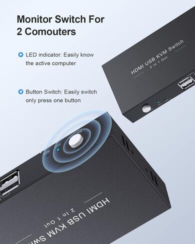 HDMI KVM Switch 1 Monitors 2 Computers, USB KVM Switches Sharing 4 USB, Support Wireless Keyboard and Mouse, Powered by USB, with 2 HDMI and 2 USB Cables… in Kuwait