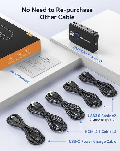 8K KVM Switch HDMI 2 Port Box，8K@60HZ USB and HDMI Switch for 2 Computers Share 1 HD Monitor Keyboard and Mouse, with 2 USB 3.0 and 2 HDMI Cables in Kuwait