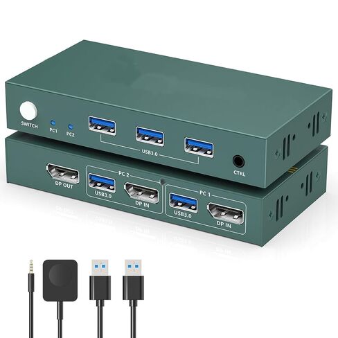 HDMI KVM Switch 2 Monitors 2 Computers, Plug and Play, 4K@60Hz KVM Switch Displayport with 3 USB 3.0 Ports Sharing Mouse Keyboard and Monitor EDID Adaptive in Kuwait