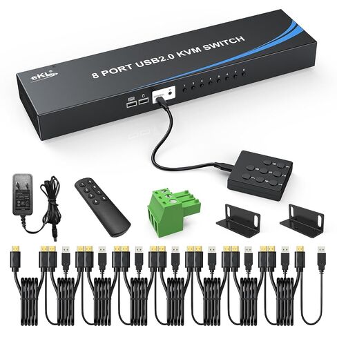 eKL 8 Port HDMI KVM Switch, Supports 4K@30Hz, 1U Rack Mount, 4 USB 2.0 Hubs, RS232, Remote, Wired Desktop Controller with 8 HDMI KVM Cables, Rack Ears in Kuwait