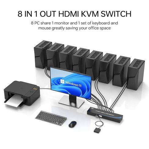 eKL 8 Port HDMI KVM Switch, Supports 4K@30Hz, 1U Rack Mount, 4 USB 2.0 Hubs, RS232, Remote, Wired Desktop Controller with 8 HDMI KVM Cables, Rack Ears in Kuwait