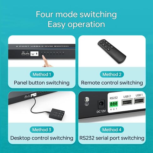 eKL 8 Port HDMI KVM Switch, Supports 4K@30Hz, 1U Rack Mount, 4 USB 2.0 Hubs, RS232, Remote, Wired Desktop Controller with 8 HDMI KVM Cables, Rack Ears in Kuwait