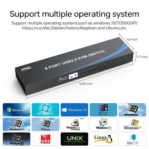 eKL 8 Port HDMI KVM Switch, Supports 4K@30Hz, 1U Rack Mount, 4 USB 2.0 Hubs, RS232, Remote, Wired Desktop Controller with 8 HDMI KVM Cables, Rack Ears in Kuwait