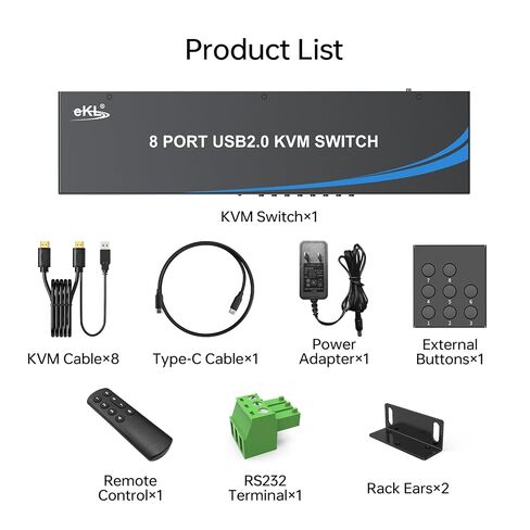 eKL 8 Port HDMI KVM Switch, Supports 4K@30Hz, 1U Rack Mount, 4 USB 2.0 Hubs, RS232, Remote, Wired Desktop Controller with 8 HDMI KVM Cables, Rack Ears in Kuwait