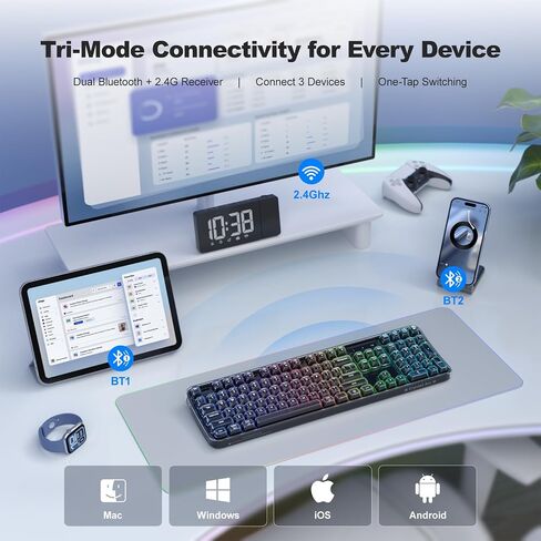 Wireless Ergonomic Keyboard, Full-Size Triple-Mode BT 5.0/2.4GHz/Wired USB-C Wireless Keyboard with RGB Backlit, Rechargeable Battery, Curve Design for Windows/Mac/Android - Black in Kuwait