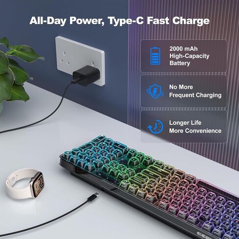 Wireless Ergonomic Keyboard, Full-Size Triple-Mode BT 5.0/2.4GHz/Wired USB-C Wireless Keyboard with RGB Backlit, Rechargeable Battery, Curve Design for Windows/Mac/Android - Black in Kuwait