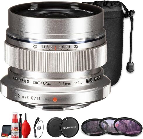 Olympus M.Zuiko Digital ED 12mm f/2 Lens Silver for Micro Four Thirds, 24mm Equivalent Wide Angle Prime Lens for Street Photography and Travel (Bundle) in Kuwait