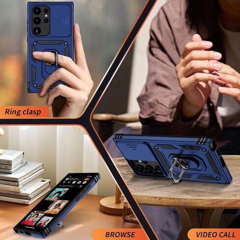Vinve for Samsung Galaxy S24 Ultra Case, Slide Lens Cover, HD Screen Protector, Military Grade Drop Protection, Magnetic Rotated Ring Holder Kickstand Protective Phone Case (Navy Blue) in Kuwait