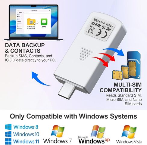 Type-C SIM Card Reader - Nano Micro Standard SIM Card Adapter with Eject Pin for Windows PC Laptop, Read Edit Copy Contacts SMS Messages Nano SIM Adapter Reader for SIM Memory Card Backup Management in Kuwait