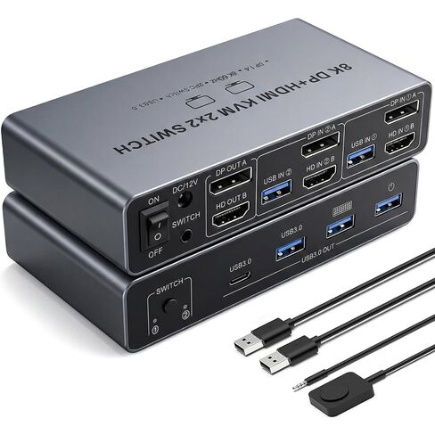 Dual Monitor 8K HDMI Displayport KVM Switch, 2 Monitors 2 Desktop Computers 4K@144Hz HDMI+DP 2IN 2 Out USB 3.0 KVM Switcher, 2 Switching Modes, 2 PCs Share 1 Set of Keyboard Mouse Printer in Saudi Arabia