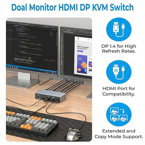 Dual Monitor 8K HDMI Displayport KVM Switch, 2 Monitors 2 Desktop Computers 4K@144Hz HDMI+DP 2IN 2 Out USB 3.0 KVM Switcher, 2 Switching Modes, 2 PCs Share 1 Set of Keyboard Mouse Printer in Saudi Arabia