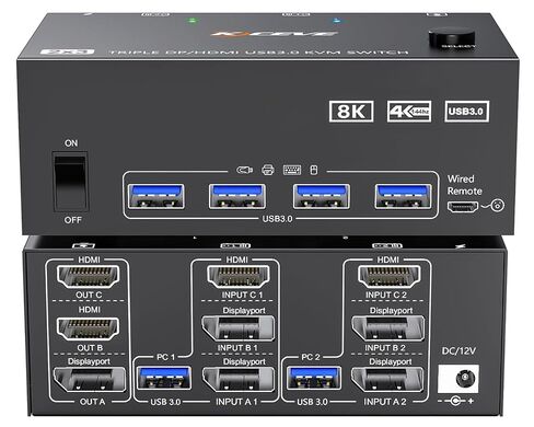 HDMI Displayport KVM Switch 3 Monitors 2 Computers 8K@60Hz/4K@144Hz, USB3.0 KVM Switches for 2 PC Sharing Triple Monitor and Keyboard Mouse with Power Adapter,Wired Extend Controller and USB3.0 Cables in Kuwait