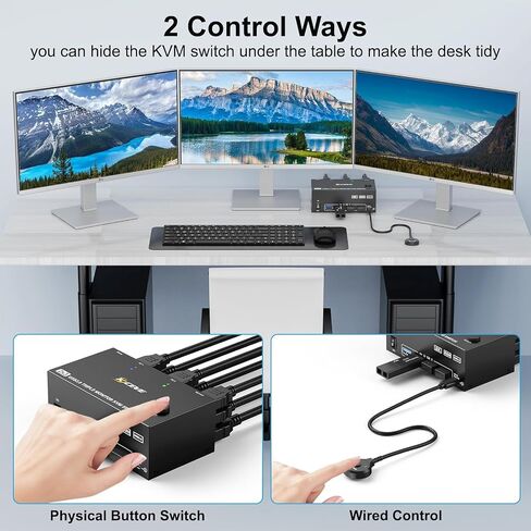 HDMI Displayport KVM Switch 3 Monitors 2 Computers 8K@60Hz/4K@144Hz, USB3.0 KVM Switches for 2 PC Sharing Triple Monitor and Keyboard Mouse with Power Adapter,Wired Extend Controller and USB3.0 Cables in Kuwait
