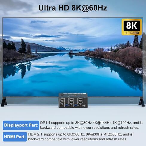 HDMI Displayport KVM Switch 3 Monitors 2 Computers 8K@60Hz/4K@144Hz, USB3.0 KVM Switches for 2 PC Sharing Triple Monitor and Keyboard Mouse with Power Adapter,Wired Extend Controller and USB3.0 Cables in Kuwait