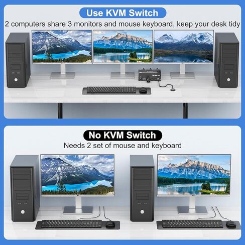 HDMI Displayport KVM Switch 3 Monitors 2 Computers 8K@60Hz/4K@144Hz, USB3.0 KVM Switches for 2 PC Sharing Triple Monitor and Keyboard Mouse with Power Adapter,Wired Extend Controller and USB3.0 Cables in Kuwait