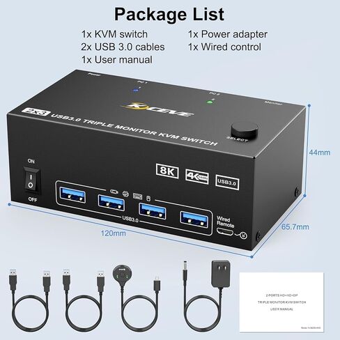 HDMI Displayport KVM Switch 3 Monitors 2 Computers 8K@60Hz/4K@144Hz, USB3.0 KVM Switches for 2 PC Sharing Triple Monitor and Keyboard Mouse with Power Adapter,Wired Extend Controller and USB3.0 Cables in Kuwait