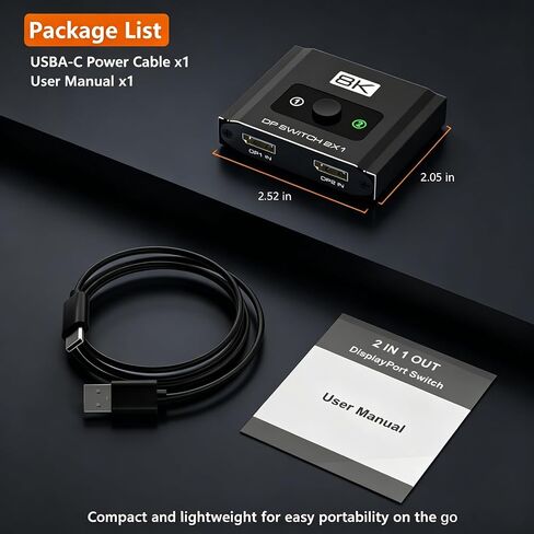 DisplayPort Switch 2 in 1 Out, 8K@60Hz DP 1.4 Switcher Selector Box, Unidirectional Display Port Switcher for Dual PCs & Gaming Consoles, 4K@144Hz DP Switch with DSC Support (DP Cables Not Included) in Kuwait