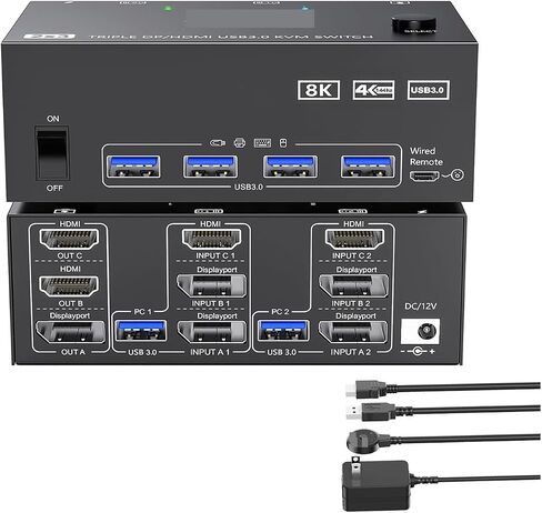 2HDMI + Displayport KVM Switch 3 Monitors 2 Computers 8K@60Hz 4K@144Hz,Triple Monitor KVM Switch for 2 Computers Share 3 Monitor(with US Plug) in Kuwait